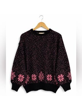 Vintage Black Pink Nordic Knit Sweater 80s 90s Large